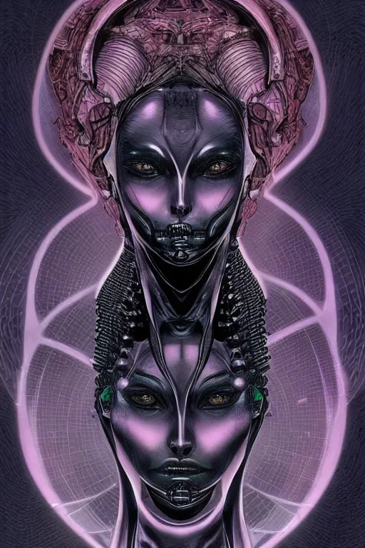 Prompt: a sensual erotic futuristic alien queen bust, with confident glowering eyes, extremely detailed frontal declotage and thick flowing hair circuitry, perfectly symmetrical facial structure and skeletal anatomy, mixed media illustration, aquiline facial features and primordial beauty, by chris achilleos and moebius and travis charest, fantasy, intricate complexity, female facial structure, accurate human anatomy mixed with hyper-evolved alien and cyborg characteristics, sci-fi character concept, photorealism, splatter, bleed, epic clouds and lighting, hyperrealism, Rodney Matthews, 8k