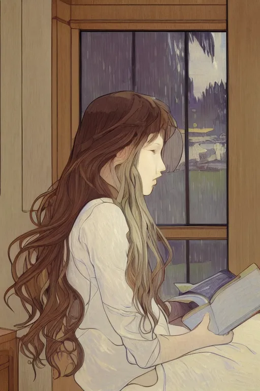Image similar to a girl in a jk uniform outfit in the bedroom reading a book in a night, raining outside the window, grey and orange theme ， wavy white long hair, by krenz cushart and mucha and akihito yoshida and greg rutkowski and makoto shinkai and vincent van gogh and monet, detailed eyes, 4 k resolution