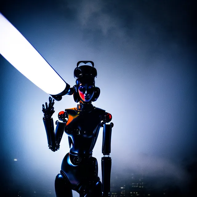 Image similar to robot woman fire dance holding katana, detailed pose energy, shibuya prefecture, cinematic lighting, fog mist smoke, photorealistic, night photography by tomino - sama