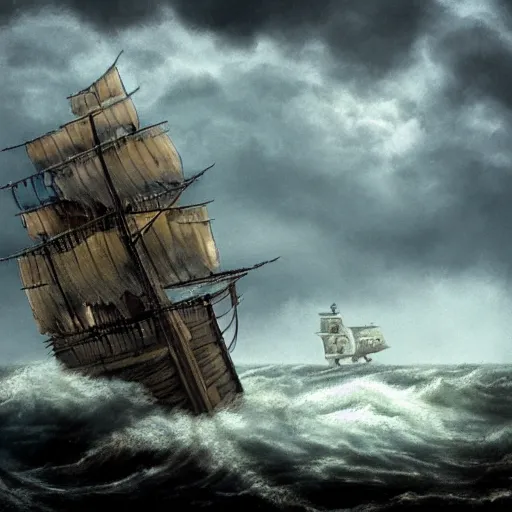 Image similar to pirate ship on a stormy sea