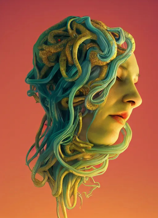 Prompt: subsurface scattering, medusa made of soft wax with gold veins, cgsociety, translucent, organic squid and ceramic art nouveau swirls, colored smoke, in the style of alberto seveso and ruan jia and beeple and giger, mystical colors, back light, rim light, dramatic lighting, 8 k, stunning scene, raytracing, octane render