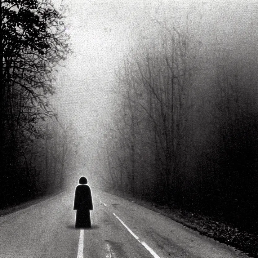 Prompt: 1 9 8 0's recovered film of a pale white figure standing silently on the side of a misty road, photorealistic, grainy, camcorder, old film, low quality, horror, creepy, unsettling, liminal, strangely terrifying