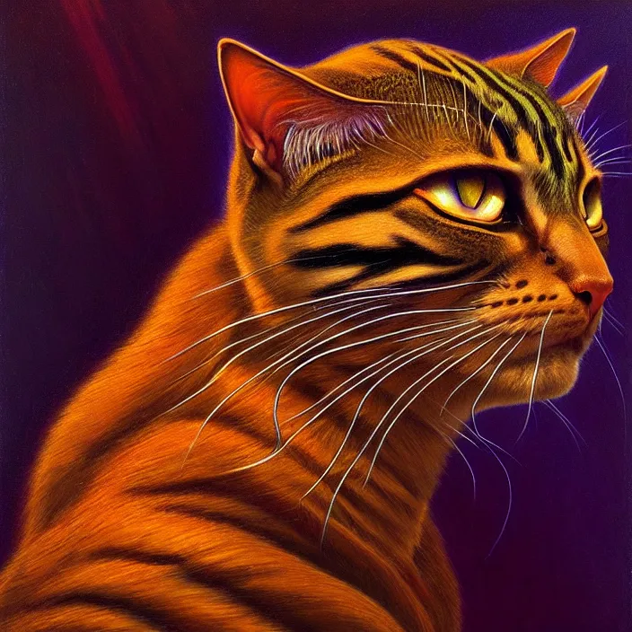 Image similar to cinematic bust portrait of psychedelic cat from left,, donato giancola, larry elmore, oil on canvas, masterpiece, trending on artstation, featured on pixiv, cinematic composition, dramatic pose, beautiful lighting, sharp, details, hyper - detailed, hd, hdr, 4 k, 8 k