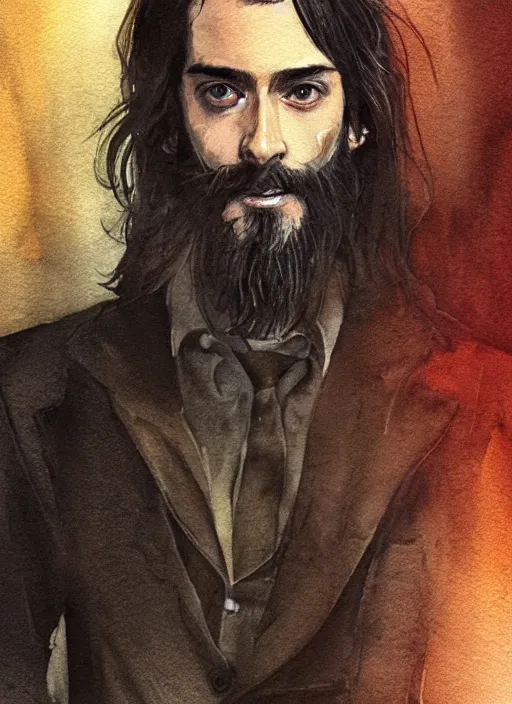 Image similar to portrait, a handsome skinny small Frenchman with beard and long black hair toasting with whiskey, watercolor, dramatic lighting, cinematic, establishing shot, extremely high detail, foto realistic, cinematic lighting, digital art, vector, by Yoshitaka Amano, Ruan Jia, Kentaro Miura, Artgerm, post processed, concept art, artstation, matte painting, style by eddie mendoza, raphael lacoste, alex ross