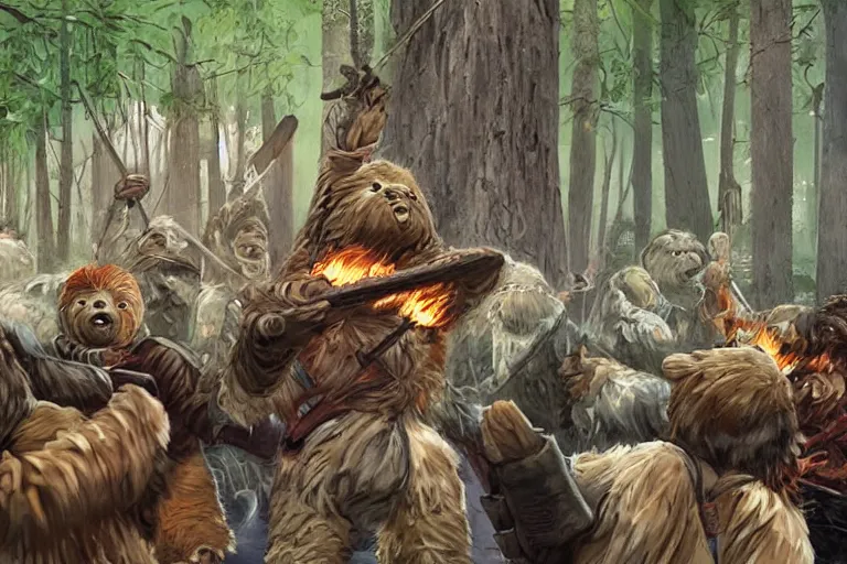 Prompt: ewoks rioting in front of a government building!!!, flaming torches and pitchforks