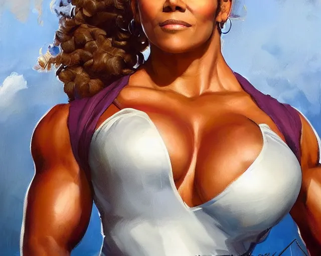 Image similar to greg manchess portrait painting of smug halle berry as beautiful thick female bodybuilder zarya from overwatch, medium shot, asymmetrical, profile picture, organic painting, sunny day, matte painting, bold shapes, hard edges, street art, trending on artstation, by huang guangjian and gil elvgren and sachin teng