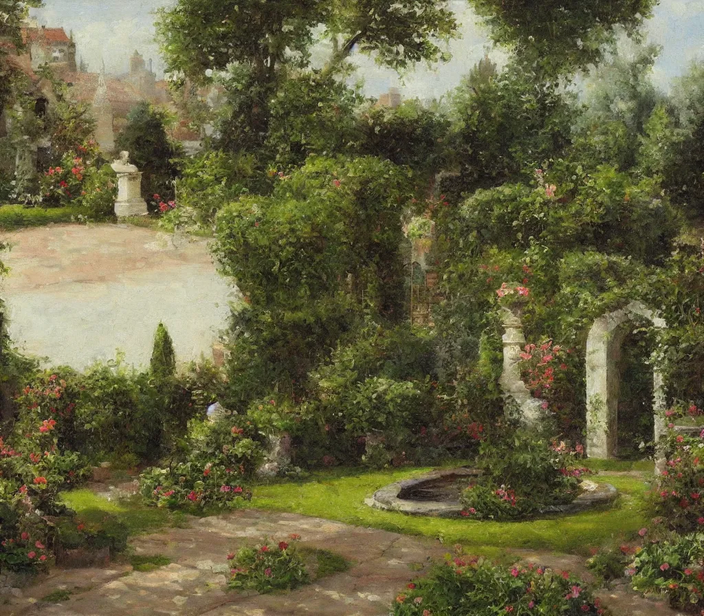 Image similar to Small garden with hedges, center fountain. history painting, artificial sun light, peaceful tiny walled garden, artstation, oil on canvas, by Albert Aublet, Private Collection