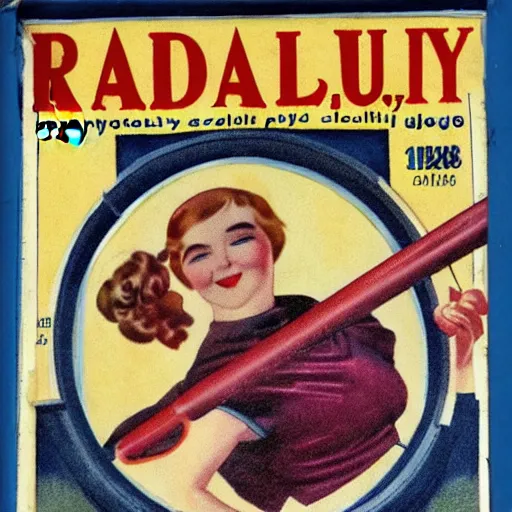 Image similar to a 1 9 2 8 cover of a quality magazine. happy, healthy, beautiful, smiling, young, sporty, glowing woman in decent athletic holding a glowing radium rod. hyper - realistic detailed color drawing