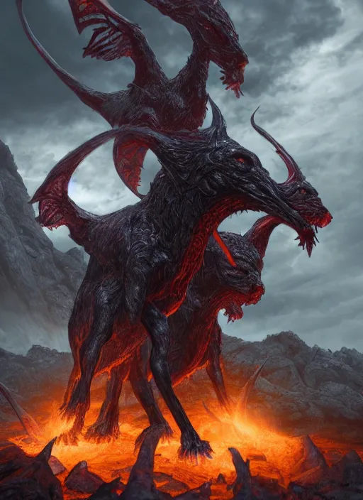 Image similar to three headed hellhound, ultra detailed fantasy, elden ring, realistic, dnd character portrait, full body, dnd, rpg, lotr game design fanart by concept art, behance hd, artstation, deviantart, global illumination radiating a glowing aura global illumination ray tracing hdr render in unreal engine 5