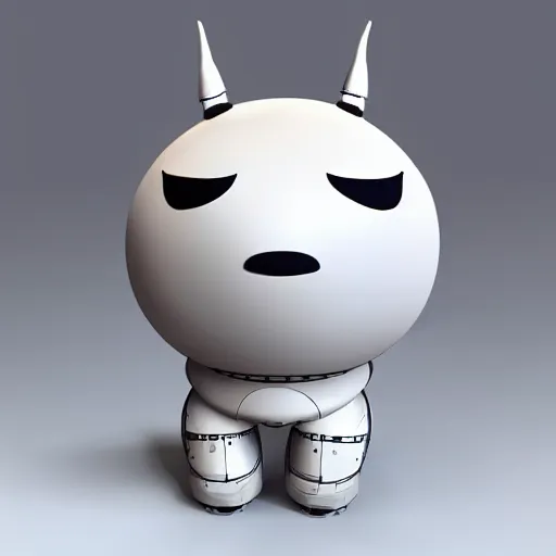 Image similar to a mechanical cow doll with big head and horns, minimalist style, metal, 3D art, in style of Baymax, smooth, 8k