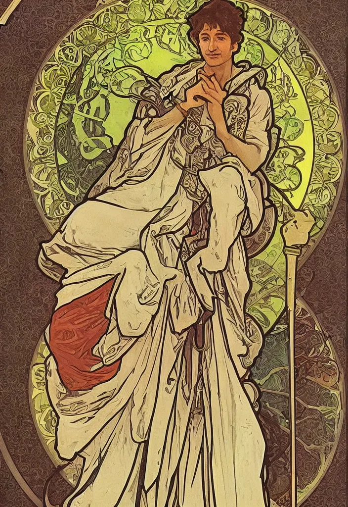 Image similar to Geoffrey Hinton as The Hierophant on a tarot card, tarot in art style by Alphonse Mucha