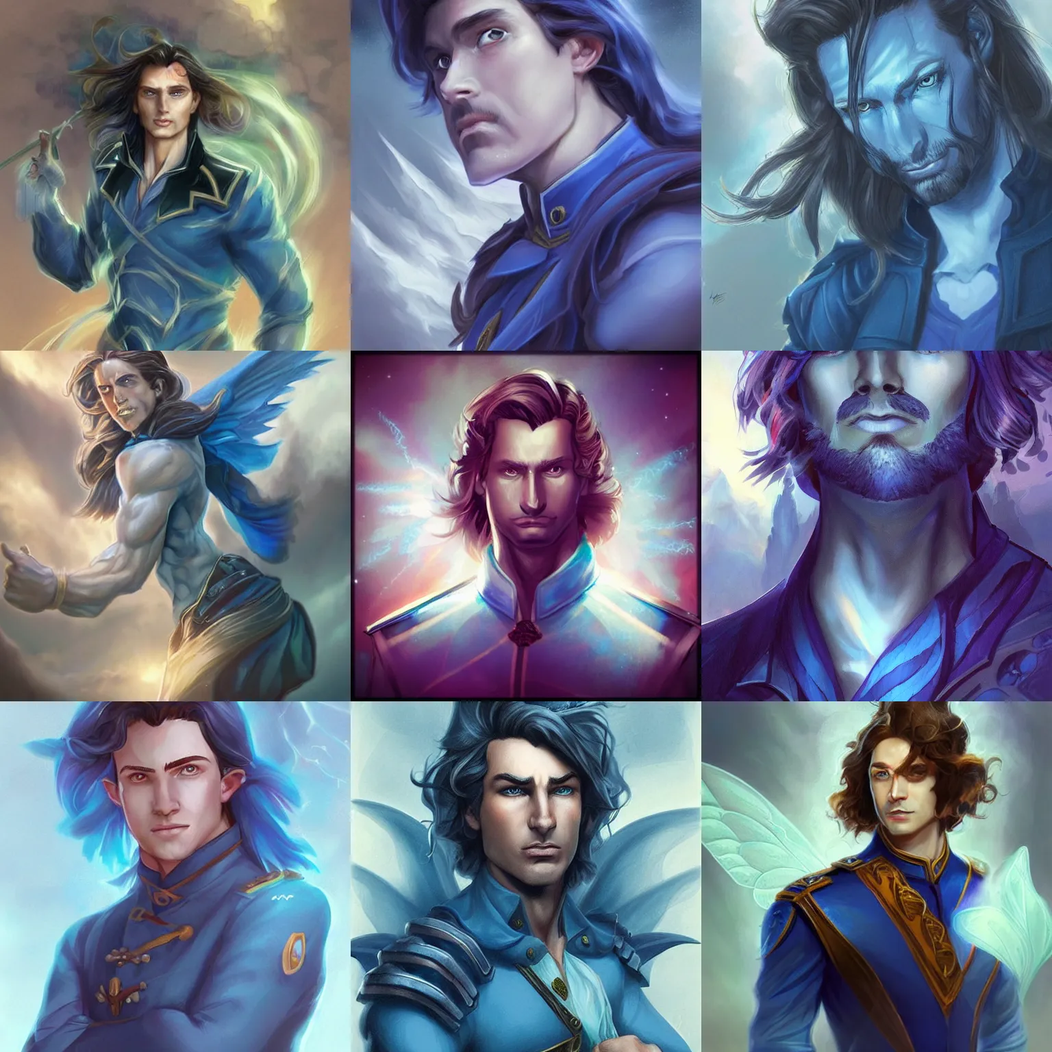 Prompt: kaladin stormblessed. young men with shoulder length hair. blue uniform. portrait. ghostly fairy on his shoulder. highly detailed, sharp focus, illustration, concept art, artgerm style, character design