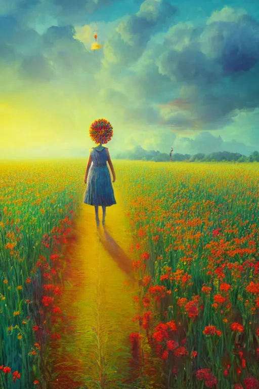 Image similar to giant corn flower head, girl walking in a flower field, surreal photography, sunrise, dramatic light, impressionist painting, colorful clouds, digital painting, artstation, simon stalenhag