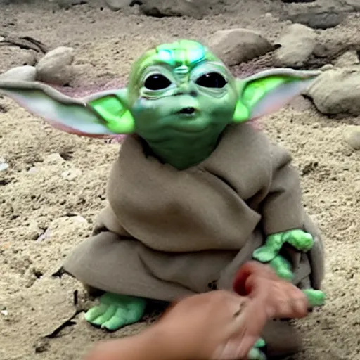 Prompt: baby yoda ripping someone in half without touching them