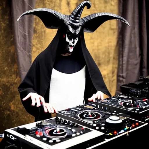 Image similar to baphomet wearing a dark hooded cloak on the dj decks