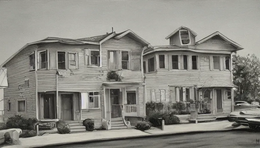 Prompt: in american cities, in modern times, there is a strange rental house. the color of the picture is gray, and the painting style is retro