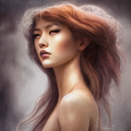 Image similar to lightning angel character portrait, Asian face, cinematic lighting, glowing golden eyes, hyper-detailed, cgsociety, 8k, high resolution, in the style of Charlie Bowater, Tom Bagshaw, Artgerm, single face, symmetrical, headshot photograph, insanely detailed and intricate, beautiful, elegant, watercolor, cinematic, portrait, Raphaelite, headroom, artstation
