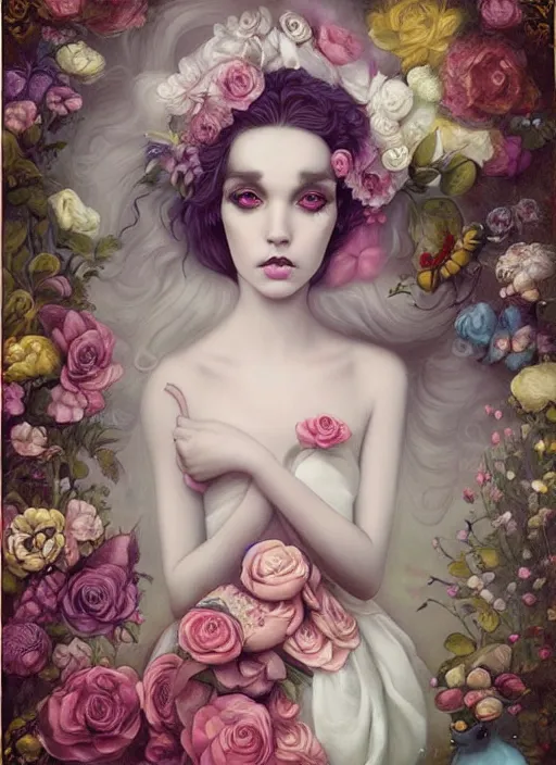 Image similar to pop surrealism, lowbrow art, dress, realistic flowers painting, hyper realism, muted colours, rococo, natalie shau, loreta lux, tom bagshaw, mark ryden, trevor brown style