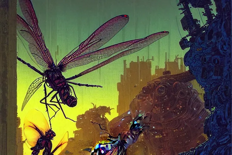 Prompt: dramatic angle on realistic giant dragonfly with few element of cyberpunk armor attacking very tiny dark creatures in fantasy jungle, by moebius!!!!, victo ngai!!!!, greg hildebrandt and mark brooks, cyberpunk, neo - gothic, cinematic view!!!, dynamic lighting, night mood!!!!