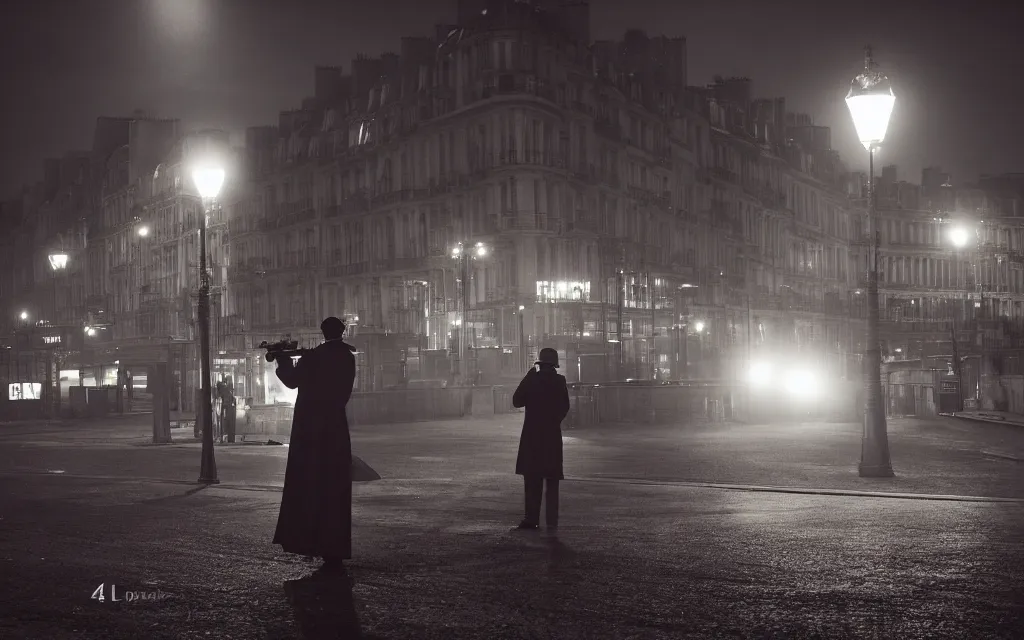 Prompt: One man in a trenchcoat shooting at a lovecraftian shadow monster with a ruby pistol in an early 20th century parisian street at night. Two cars are drifting around the monster with their lights on. Paris' Gare du Nord train station is visible in the background. 4k, dynamic, pulp, studio lighting, cinematic composition, HDR, very low angle shot, (fish eye).
