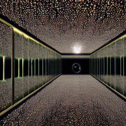 Prompt: infinity room with mirrors, sand, lightbulb, monster, scary, 4 k