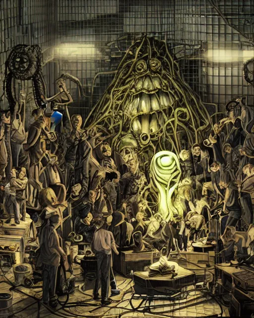 Prompt: A group of scientists surrounding a Lovecraftian monster in a secret government containment facility, sublime lighting, photoreal