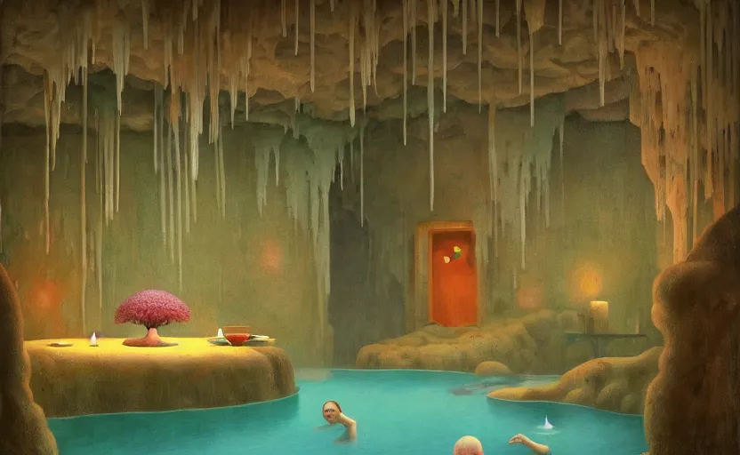 Prompt: detailed interior of cozy hotsprings hidden inside a cave, small waterfalls, lush vegetation, flowers, towels, plates of fruit, candlelight, Edward Hopper and James Gilleard, Zdzislaw Beksinski, Mark Ryden, Wolfgang Lettl highly detailed, hints of Yayoi Kasuma