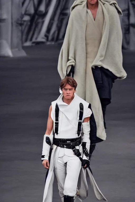 Prompt: 2 3 year old luke skywalker models for chanel, on the runway, fashion photoshoot, full body, chanel boots, chic, beautiful color grading, confident, highly detailed, beautiful photo