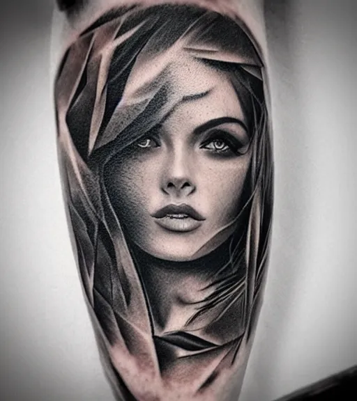 Image similar to amazing blend effect of beautiful mountain scenery with a beautiful woman face, tattoo design sketch, hyper - realistic, in the style of matteo pasqualin, amazing detail, black and white