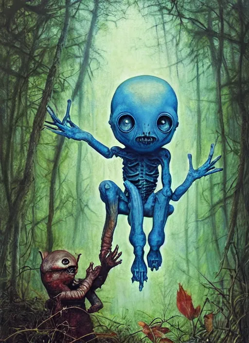 Prompt: cuddly friendly alien in the woods by a river gorgeous lighting, lush forest foliage blue sky a hyper realistic painting by chiara bautista and beksinski and norman rockwell and greg rutkowski, weta studio, and lucasfilm