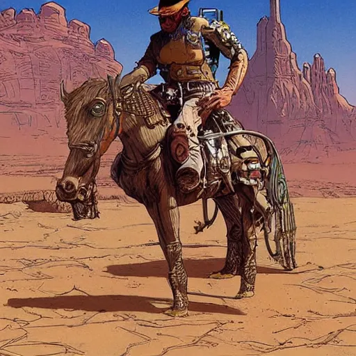 Image similar to cyborg cowboy in a desert space wild west town, highly detailed, by moebius