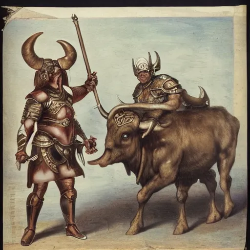 Image similar to a minotaur wearing steel plate armor and holding a mace, human dressed as a bull