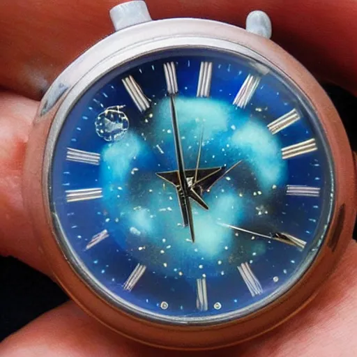 Prompt: astronomical watch with many dials made of blue butterfly wing, y 2 k style early 2 0 0 0 s
