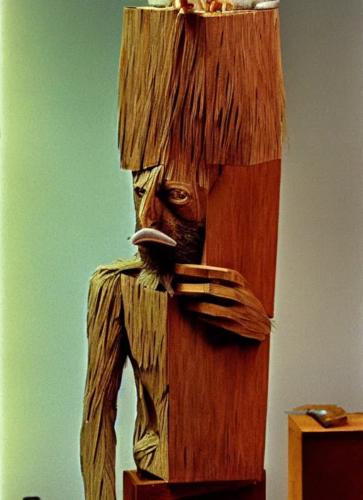 Image similar to realistic photo of a a hairy human birdman sculpture by max ernst made of white clay, in a living room sci - fi laboratory with many wooden gadgets made of wood interior is made of wood 1 9 9 0, life magazine reportage photo, natural colors