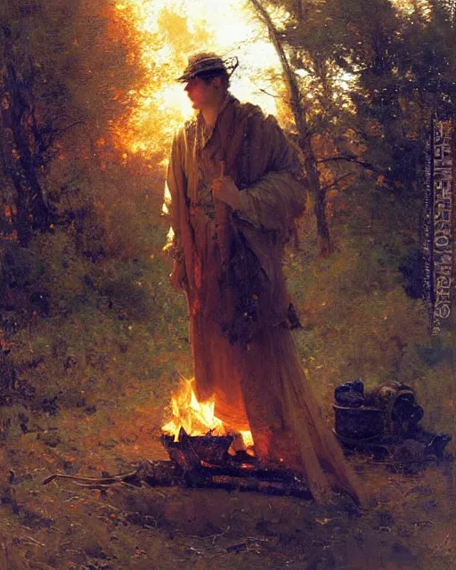 Prompt: very very attractive man counts the stars from beside the fire, his tent is nearby, melancholy, nostalgia, painting by gaston bussiere, craig mullins, j. c. leyendecker