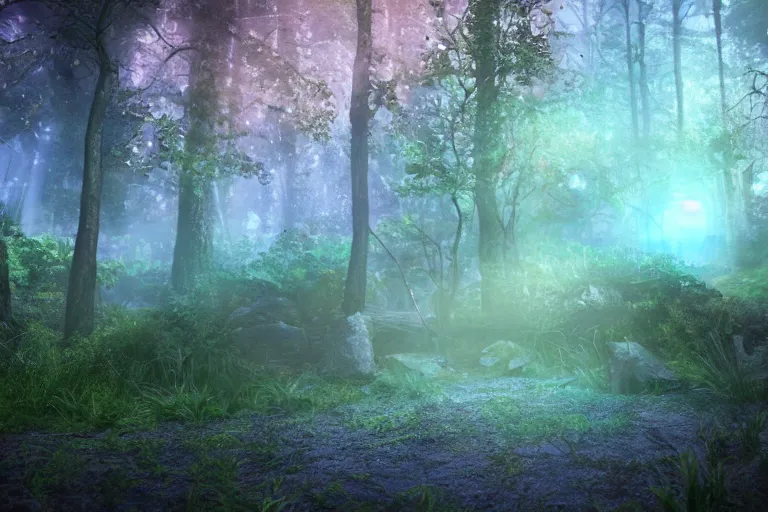 Image similar to A cosmic portal in a fantasy enchanted forest. Cinematic lighting. Photorealism.