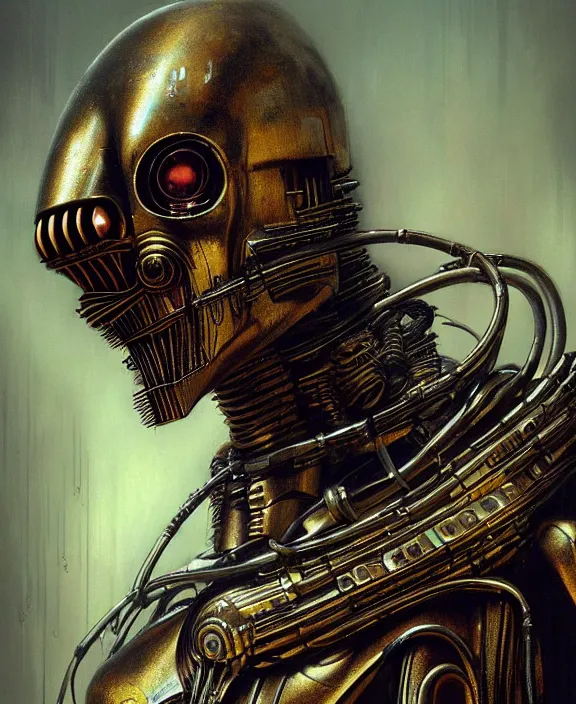 Image similar to demonic c - 3 po, by hr giger and beksinski and stephan martiniere, trending on artstation, 4 k resolution, detailed, high quality, hq artwork