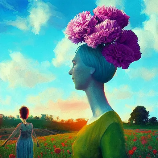 Image similar to girl with a giant carnation head, surreal photography, flower field, sunset dramatic light, impressionist painting, colorful clouds, blue sky, digital painting, artstation, simon stalenhag