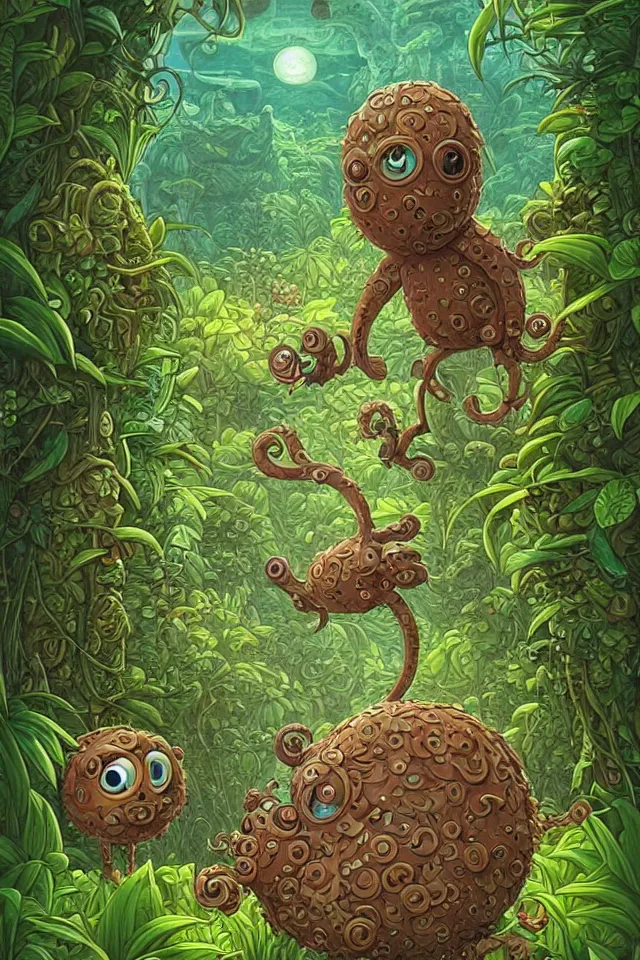 Image similar to an intricate cute monster, taking a walk, lush jungle, a hut in the background, by kokaris, naoto hattori, moebius and android jones