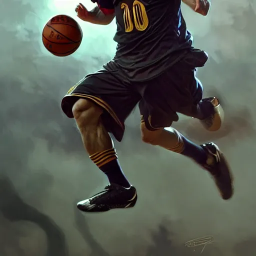 Image similar to Messi dunking a basketball, D&D, fantasy, intricate, elegant, highly detailed, digital painting, artstation, concept art, matte, sharp focus, illustration, art by Artgerm and Greg Rutkowski and Alphonse Mucha