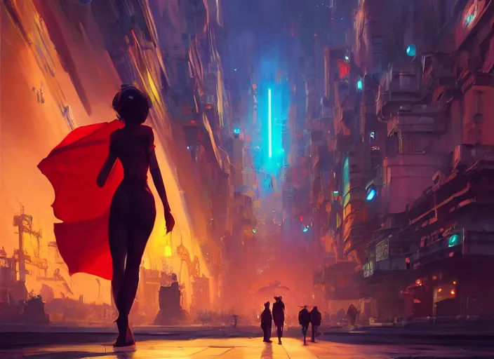 Image similar to gorgeous bright girl holding a red flag over her head enthusiastically walking through Mandelbrot fractal futuristic bustling city by Craig Mullins, ilya kuvshinov, krenz cushart, artgerm trending on artstation by Edward Hopper and Dan Mumford and WLOP and Rutkovsky, Unreal Engine 5, Lumen, Nanite