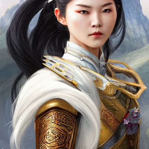 Image similar to female Chinese warrior, elegant, intricate, white hair, headshot, D&D, fantasy, highly detailed, digital painting, artstation, concept art, sharp focus, illustration, art by artgerm and greg rutkowski and alphonse mucha