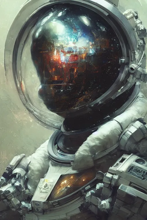 Image similar to portrait of an astronaut in 3 / 4 view wearing a very futuristic helmet with cybernetics and wirings, vaporwave aesthetic, dreamcore by craig mullins, ruan jia, kentaro miura, greg rutkowski