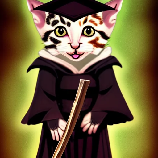 Prompt: a kitten wearing wizard robes and wizard hat, dungeons and dragons character art, dark, magic, key visual, posing, noble, full body portrait, high resolution, detailed, inspiring, award - winning, clear, crisp, sharp