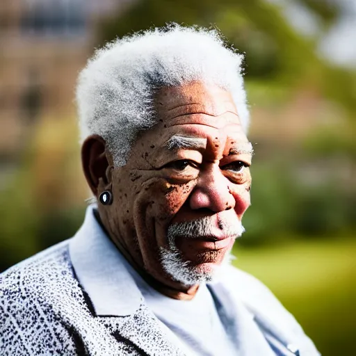 Prompt: a candid portrait photograph of Morgan Freeman starring as rapper The Notorious B.I.G, in the style of Chi Mondu, shallow depth of field, 40mm lens