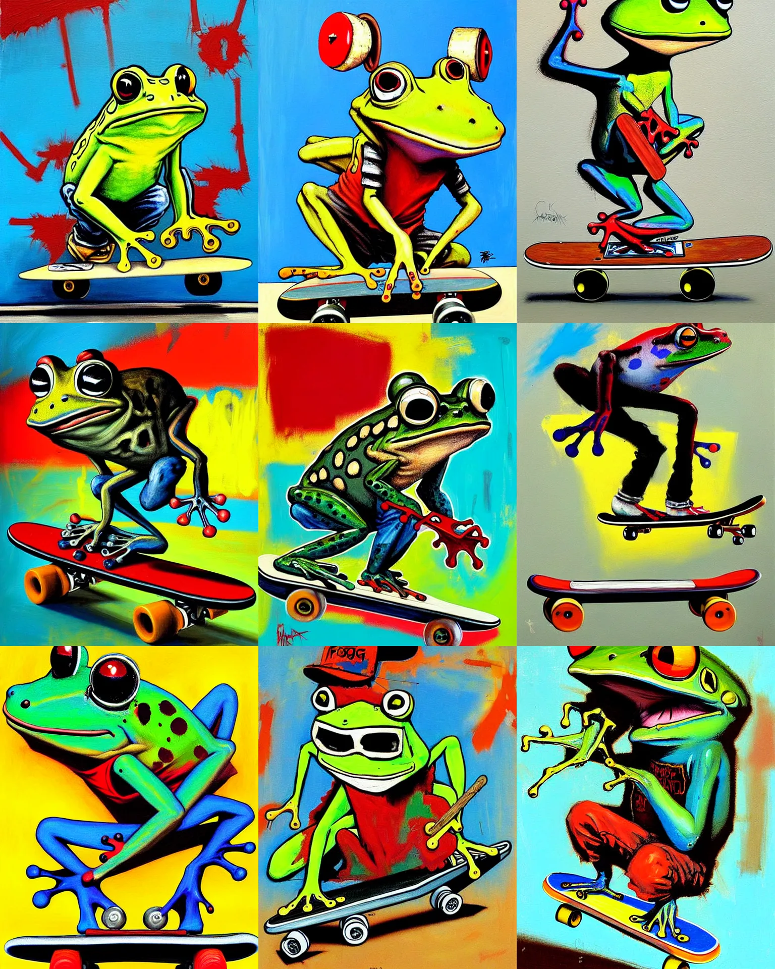 Prompt: painting 1990s Frog doing tricks on skateboard Old school rap, Tony Hawk by Craig Davison and Jean-Michel Basquiat