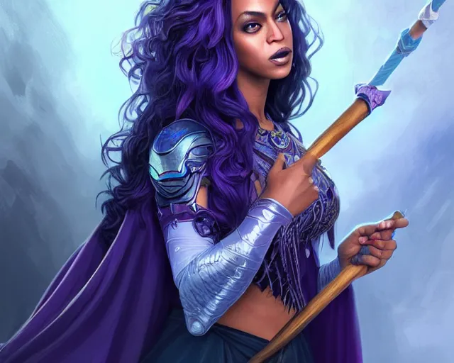 Image similar to beyonce as a wizard, purple streaks in hair, bat hovering on her shoulder, blue clothing, holding a staff, deep focus, d & d, fantasy, intricate, elegant, highly detailed, digital painting, artstation, concept art, matte, sharp, illustration, hearthstone, art by artgerm and greg rutkowski and alphonse mucha