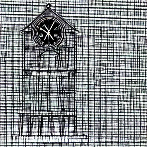 Image similar to a black and white photo of a clock tower, a wireframe diagram by baioken eishun, cg society, ascii art, dye - transfer, black background, ue 5