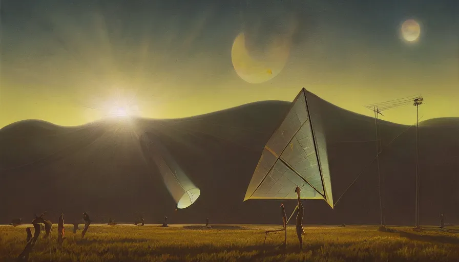 Image similar to giant solar sail blocking the sun, early morning, open field, simon stalenhag, art deco painting