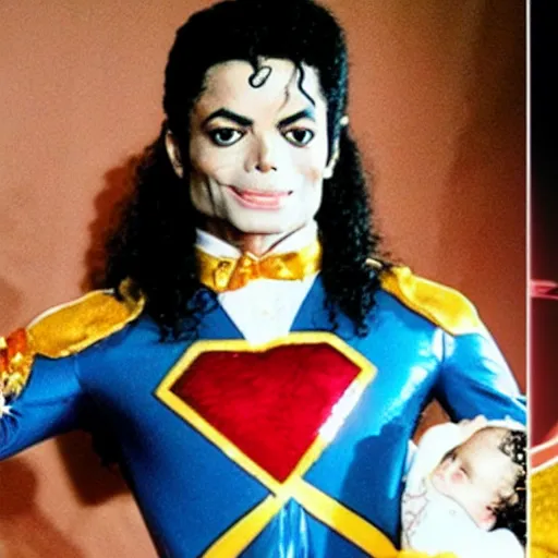 Image similar to michael jackson in a wonderwoman suit holding a baby